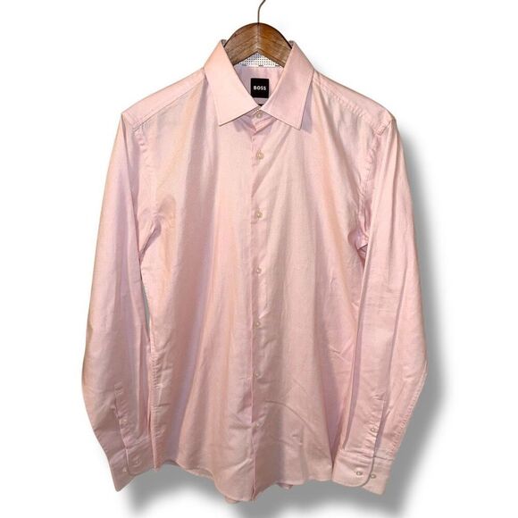 Boss Hugo Boss Pink Slim-Fit Spread Collar Dress Shirt M 15.5 - Picture 1 of 9